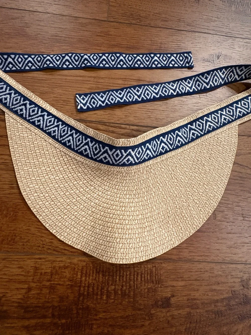 Sea & Grass Straw Visor Navy Ribbon Tie Coastal Preppy Sun Hat